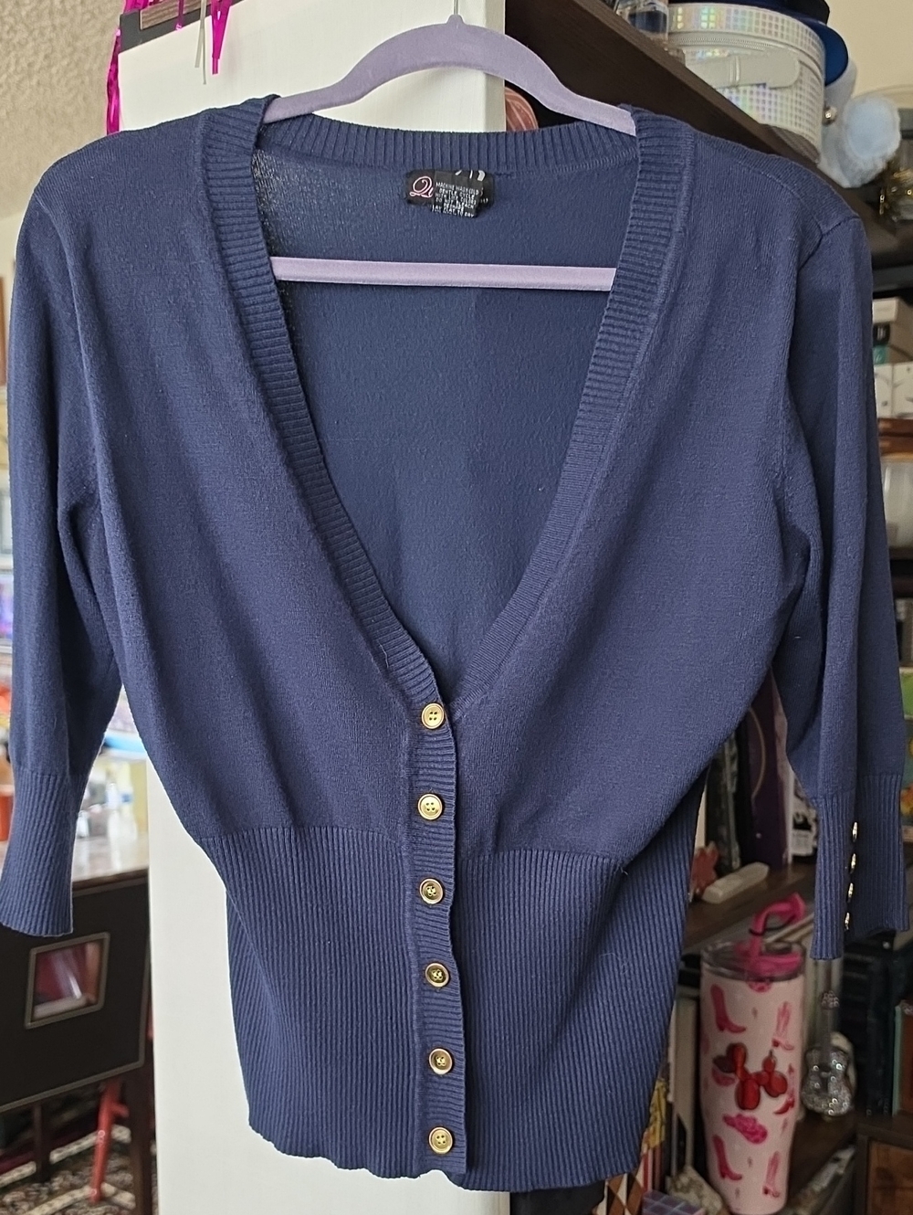 QUESTIONS by SAY WHAT? Navy Deep V-Neck Button-Front Women’s Sweater